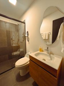 a bathroom with a sink and a toilet and a mirror at Apartaestudios Zeni in Medellín +41 photos