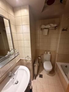 a bathroom with a sink and a toilet and a tub at HOTEL PRIVE in Skaramangás