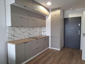 a kitchen with a sink and a counter top at Sielawy Apartament in Poznań