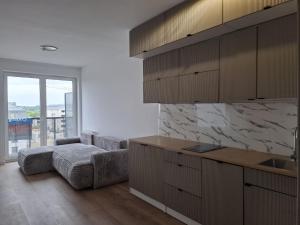 a kitchen with a couch and a sink in a room at Sielawy Apartament in Poznań