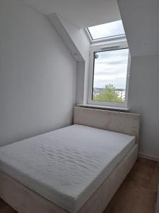 a bed in a room with a window at Sielawy Apartament in Poznań