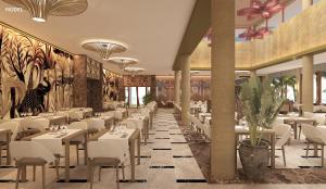 a restaurant with white tables and chairs and a mural at Hotel Riu Palace Phuket - All Inclusive in Mai Khao Beach