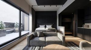 a bedroom with a bed and a couch and a bed at Santa's Hotel Noelle in Rovaniemi