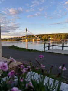 a bridge over a river with flowers in the foreground at Santa's Hotel Noelle in Rovaniemi