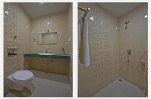 two pictures of a bathroom with a toilet and a sink at Red carpet hotel in Kangra +10 photos