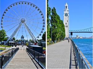 a ferris wheel and a clock tower next to the water at Testing in Montreal