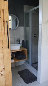 ein Badezimmer mit Glasdusche und Waschbecken in der Unterkunft Two Lakes in Bettyʼs Bay