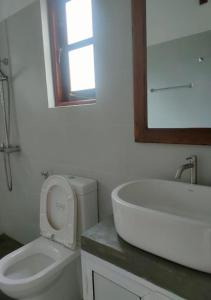 a bathroom with a sink and a toilet and a mirror at Shade Villa in Galle +13 photos