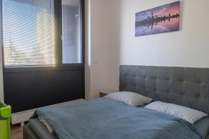 a bedroom with a bed and two windows at Top Apartmán v Central Point Humenné M in Humenné