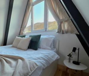 a bed in a room with a window at REIA A-frame in Gura Râului