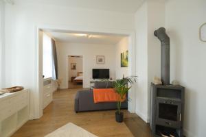 a living room with a couch and a fireplace at Studio Apartment nahe Lüneburg in Bienenbüttel