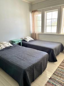 two beds in a room with two windows at Vuohensaari, Rantatalo 2 in Salo
