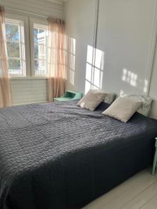 a bedroom with a blue bed with pillows on it at Vuohensaari, Rantatalo 3 in Salo