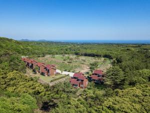 an aerial view of a house on a hill at Sumang Pension in Seogwipo