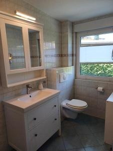 a bathroom with a sink and a toilet and a window at Gemütliches Häuschen am Fleesensee in Göhren-Lebbin