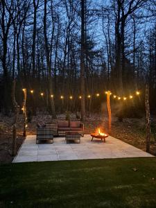 a fire pit with a couch and a table and lights at Wellness in de NATUUR in Neede +13 photos