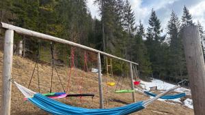 a group of hammocks on a hill with trees at Pensiunea Izabel in Lacu Rosu +67 photos