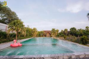 a pool with a pink inflatable flamingo in the water at Ume Villa & Retreat in Bóng Suối
