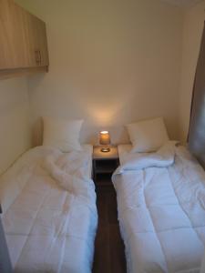 two beds in a room with a table with a lamp at Moulin de Hotton in Hotton