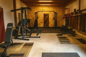 a gym with several treadmills and weights in a room at SOLASI - Gîte et Chambres D'hôtes in Blanquefort-sur-Briolance