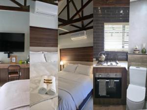 Drei Bilder eines Hotelzimmers mit Bett und Waschbecken in der Unterkunft Leipoldt Self-Catering Accommodation in Secunda + 10 Fotos