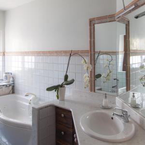 bagno con vasca, lavandino e specchio di B&B Borgo San Vito a Ronchi dei Legionari