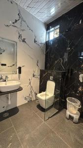 a bathroom with a toilet and a sink at Hotel Golden Bird in Dabok