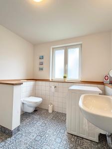 a white bathroom with a sink and a toilet at Haus Charlotte mit Meerblick in Fehmarn +18 photos