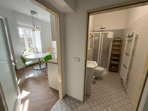 a bathroom with a shower and a toilet and a table at Apartmán Na Valešince in Příbram