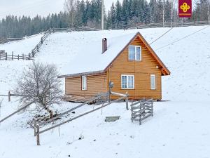 a small wooden house in a snow covered field at Трофейна хатина in Krivopolʼye