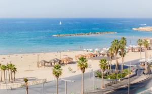 a view of a beach with palm trees and the ocean at Prima Tel Aviv Hotel in Tel Aviv