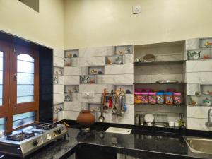 a kitchen with a counter and a stove and shelves at Aura Villa in Delmāra
