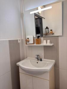 a bathroom with a white sink and a mirror at Gîte Les Mirabelliers à Morville Hébergement cosy in Morville +14 photos