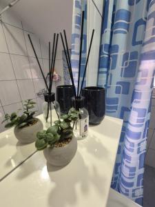 three potted plants sitting on a white table at Apartments City Paradise in Mostar +64 photos