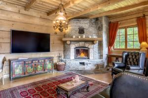 a living room with a fireplace and a flat screen tv at Rezydencja Górska Alpin Lodge in Kościelisko