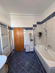 a bathroom with a tub and a toilet and a sink at Altstadtgold in Rostock