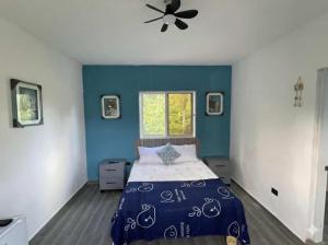 a bedroom with a bed with a blue wall at Xamanai Playa Rincón in Castellalito