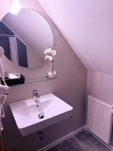 a bathroom with a sink and a mirror at Hotel Messeblick in Sarstedt +31 photos