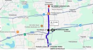 a map of the proposed route of a bus interchange at Dreamhouse B&B in Pioltello