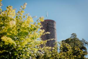 a brick chimney on top of a building with trees at Die Burg - Kurfürstlich Flämisch in Bad Belzig