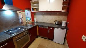 a small kitchen with a sink and a stove at Traumhaus im Wald in Tutzing