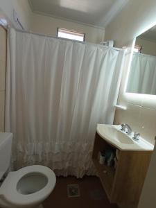 a bathroom with a white shower curtain and a toilet at LaLeLa in Gualeguaychú