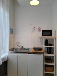 a small kitchen with a sink and a microwave at Studio 1 du Temple Hyper Centre in Cambrai +2 photos