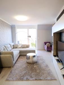 a living room with a couch and a table at Sunshine Residence Silver Apartment in Hévíz
