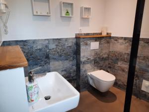 a bathroom with a toilet and a sink at Kastanienhof Lübben in Lübben +7 photos