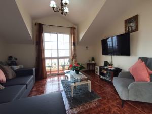 a living room with two couches and a tv at Charm Penthouse Ocean View in Calheta