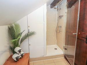 a bathroom with a shower and a glass shower stall at Win Hill View Cottage in Hope +13 photos