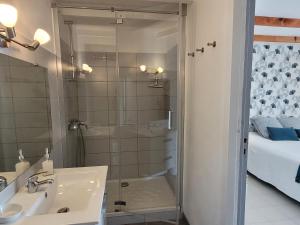 a bathroom with a shower and a sink and a bed at Le Mas Cauvy in Saint-Christol-lès-Alès