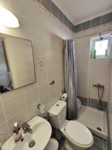 a bathroom with a white toilet and a sink at Golden Horizon Haven in Preveza +22 photos