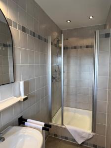 a bathroom with a shower and a sink at Hotel Bastei in Mühldorf +50 photos